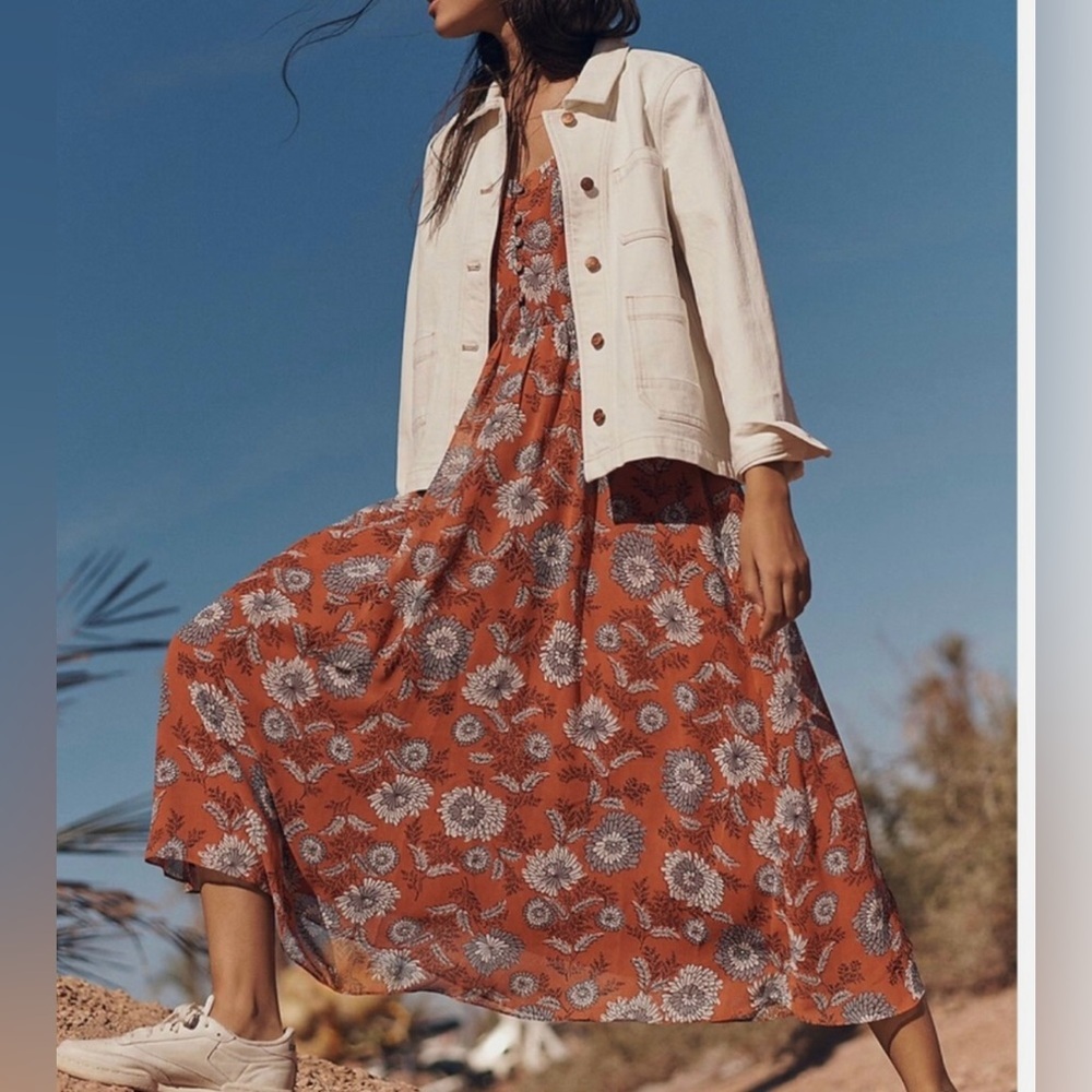 Madewell Sheer-Sleeve Button-Front Midi
Dress in Gathered Blooms,Rusted Tin,Sz 6